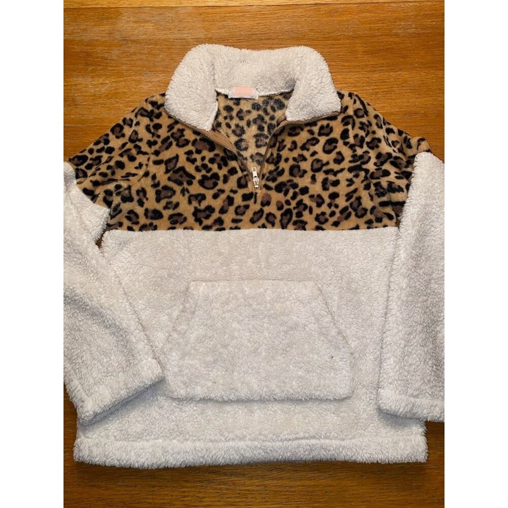 Leopard Print & White Sherpa Quarter-Zip Pullover Sweatshirt For Women